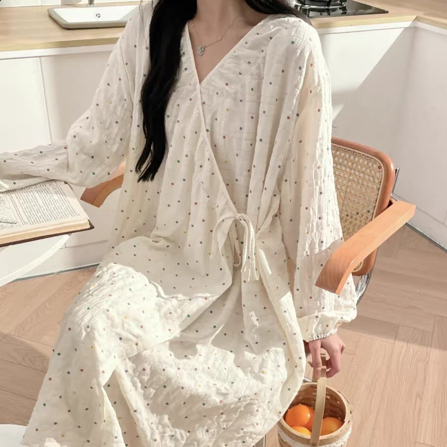 Robe Women's Kimono Nightgown Polka Dot Long Sleeve Home Clothes Pajama Lingeries Pajamas Cute Loose Sleepwear Robes Ladies Lady 5
