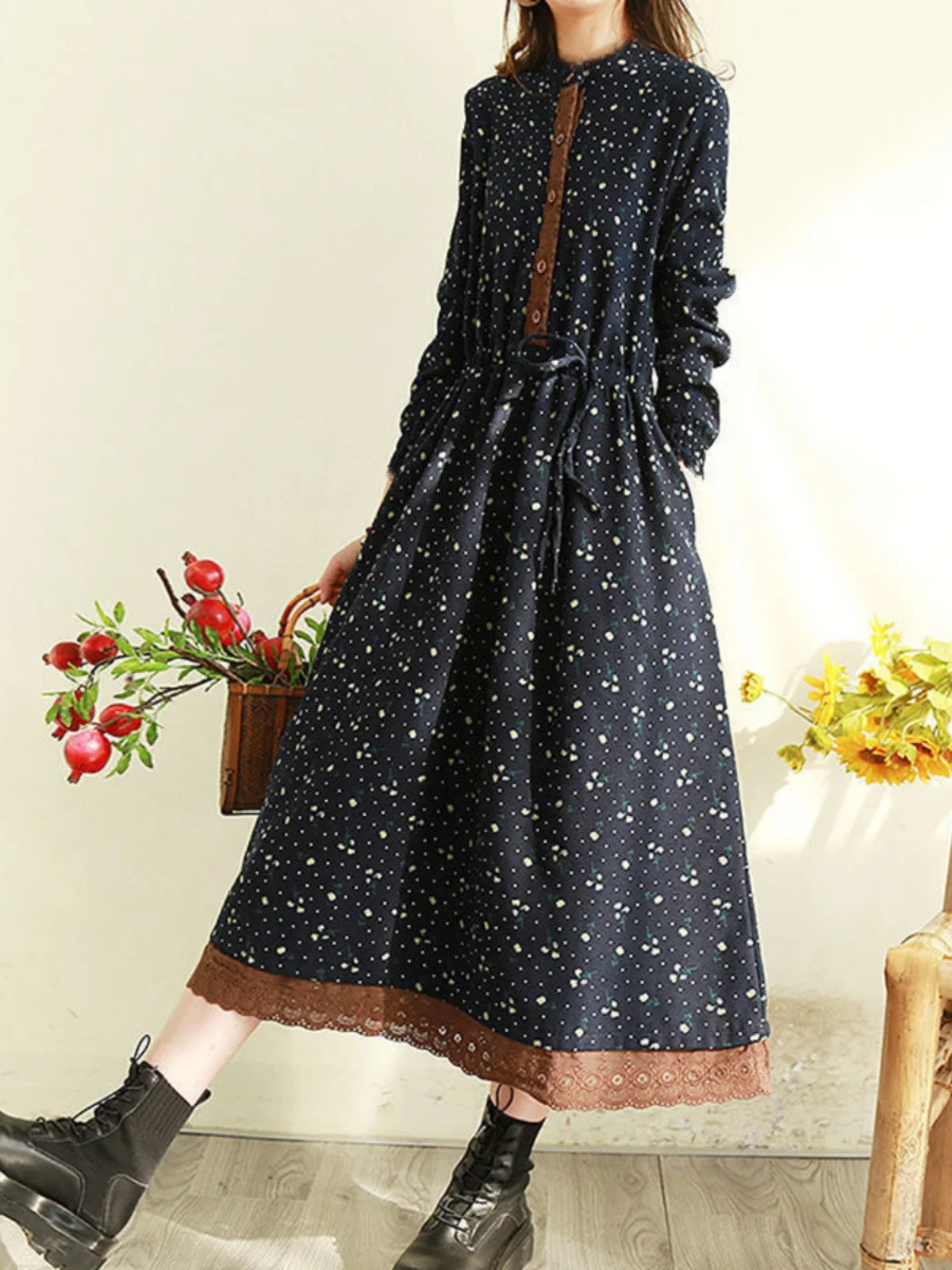 Rétro coton lin longue Sve imprimé fleuri Dr taille cintrée sur le genou longueur printemps automne saison une ligne jupe bouton unique