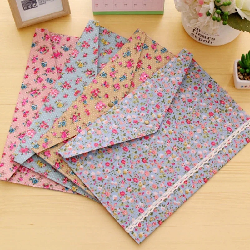 1PC A4 Retro Pastoral Style Floral Felt Button File Folder Girl Student Exam Paper Document Organizer School Office Accessories