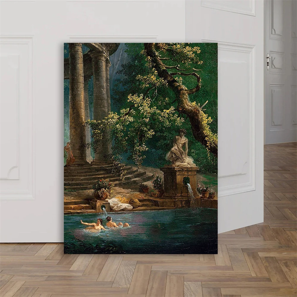 The Bathing Pool by Hubert Robert Prints Roman Ruins Painting Classic Art Print Poster Impressionism Large Wall Art Print Decor