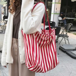 Damska torba na zakupy w paski o dużej pojemności Retro Design Kobiece płócienne torby na ramię wielokrotnego użytku Casual Tote Girls Travel Handbags