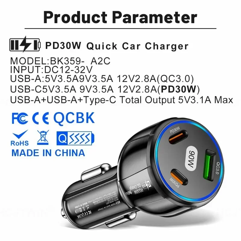 Caricabatteria da auto USB C a ricarica Super veloce da 90W-stazione di ricarica 3 in 1 con caricatore USB per accendisigari a LED compatibile