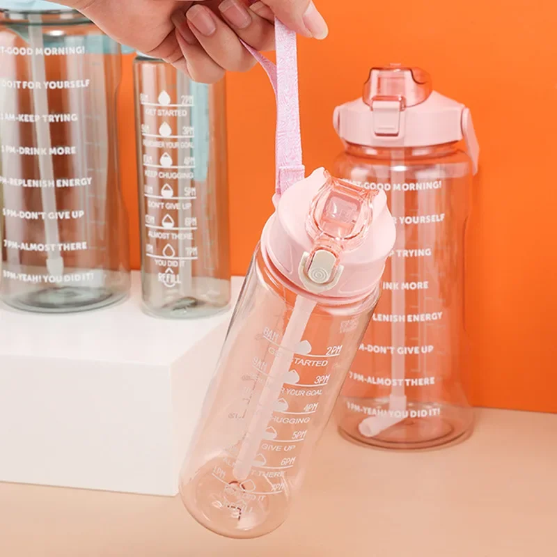 750ml Transparent Water Bottle with Sports Strap and Time Scale Large Capacity Water Cup Suitable for Outdoor Camping and Travel