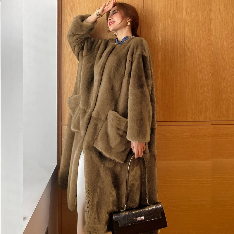 Women Faux Fur Coats Mid Length Fur Jackets Pocket Round Y2k Neck Long Sleeves Thick Warm Fur Loose Casual 2025 Autumn Winter