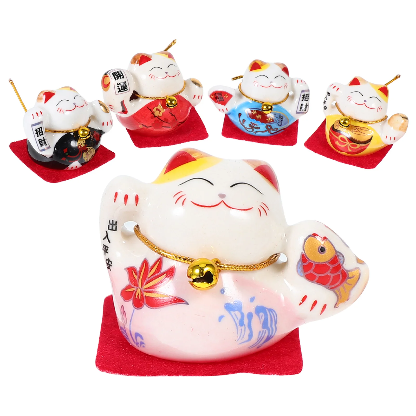 5Pcs Lucky Cat Mini Ceramic Statues Handcarved Japanese Charm Desk Home Decor Prosperity Ornaments Feng Shui Wealth