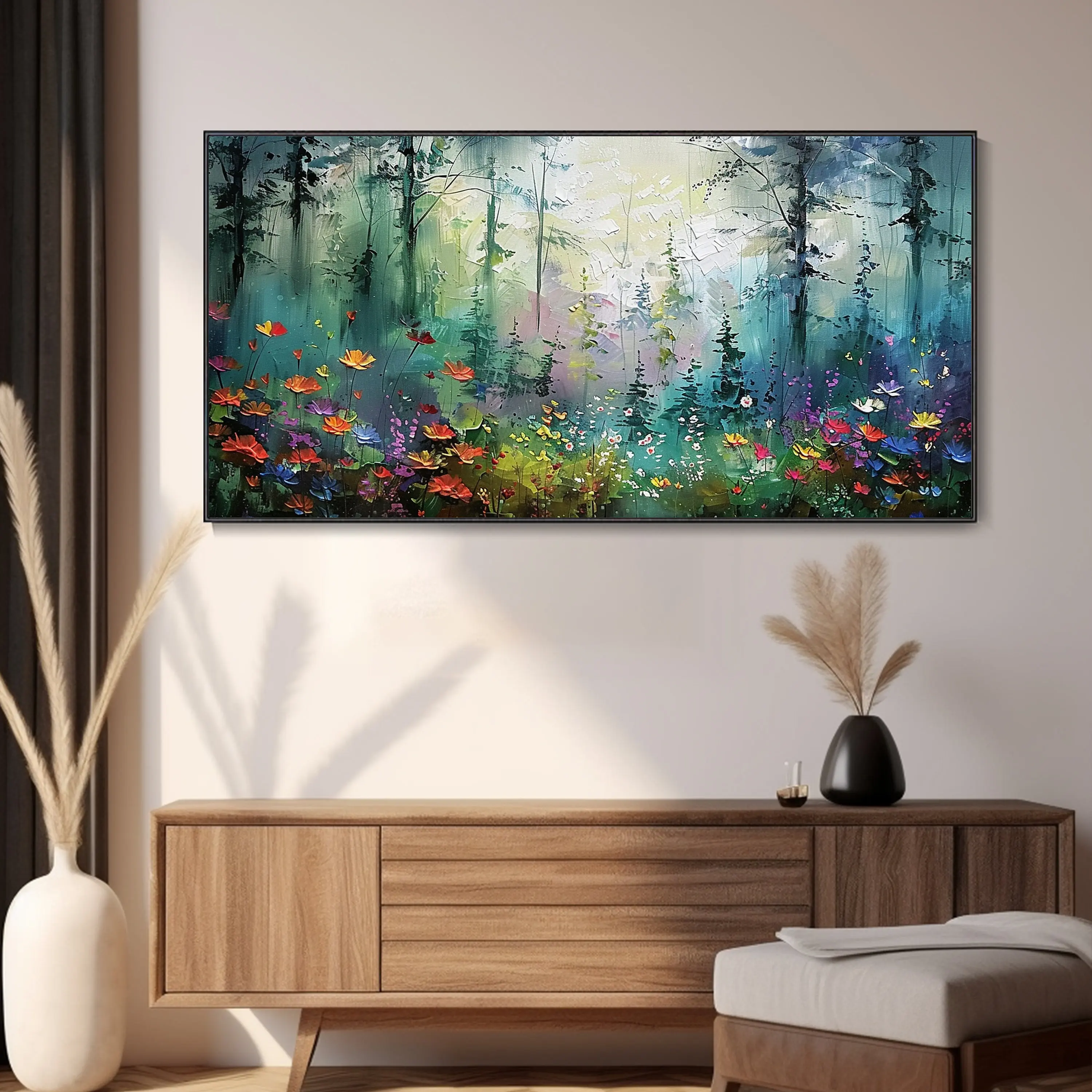 Hand-painted Colorful Forest Oil Painting Blue Green Flowers Texture Trees Landscape Abstract Real Nature Paintings Art Decor