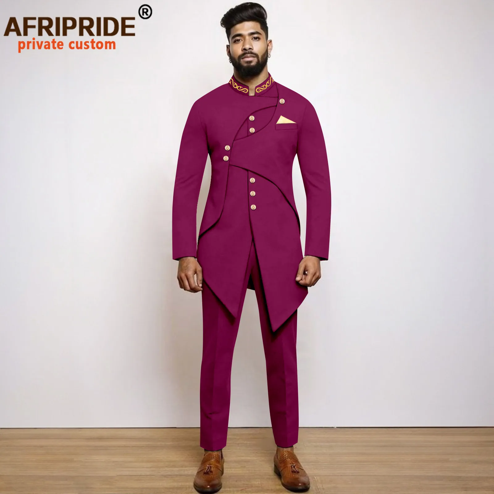 Men`s Suit African Clothes Slim Fit Embroidery Single Breasted Blazer and Trousers Set Formal Outfits with Kerchief 2416031