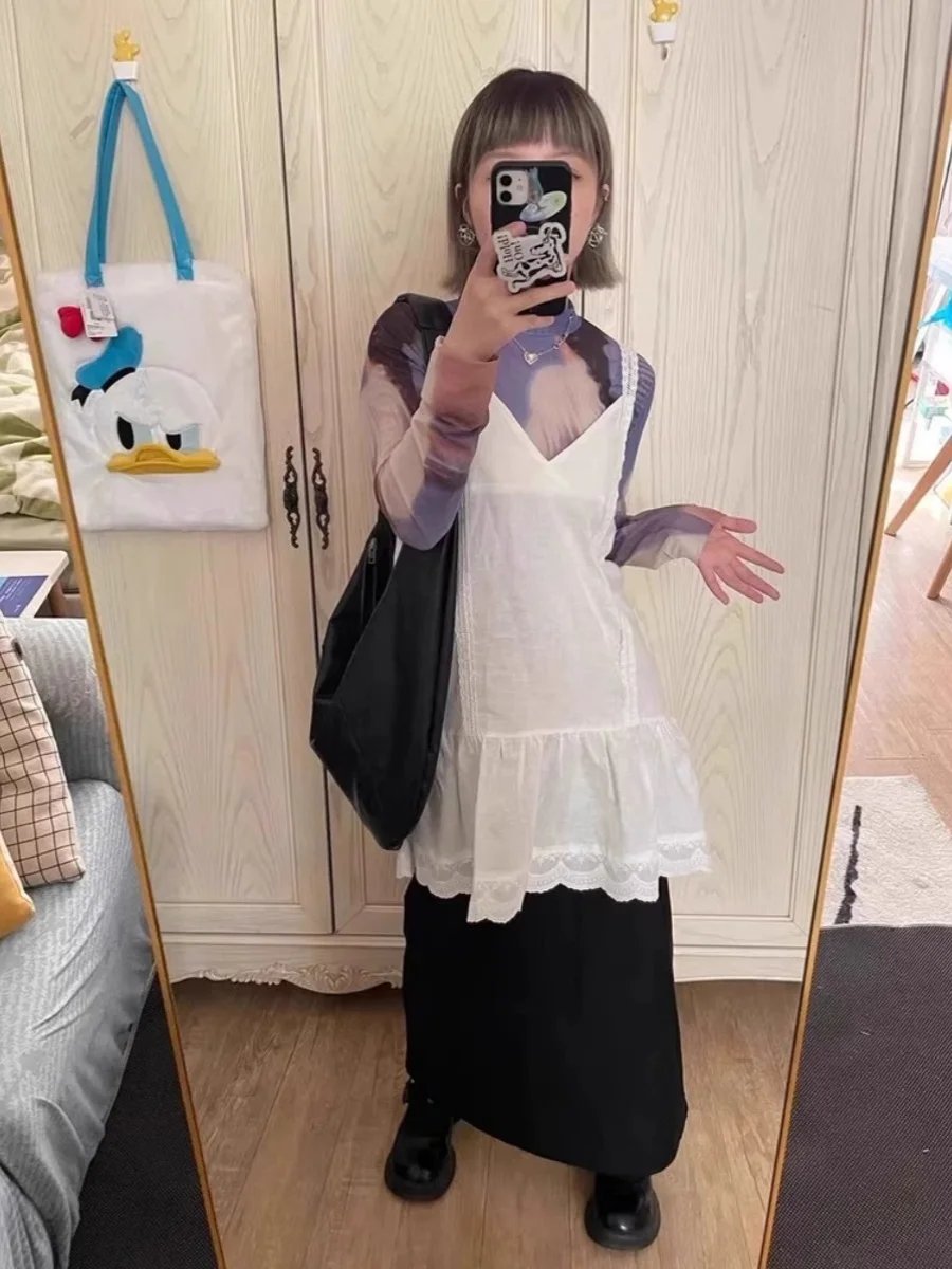 Original Lace Design Wide Width Splicing Hem Layered Wear Base Tank Dr Spring New Sle A-Line Skirt V-Ne High Waist