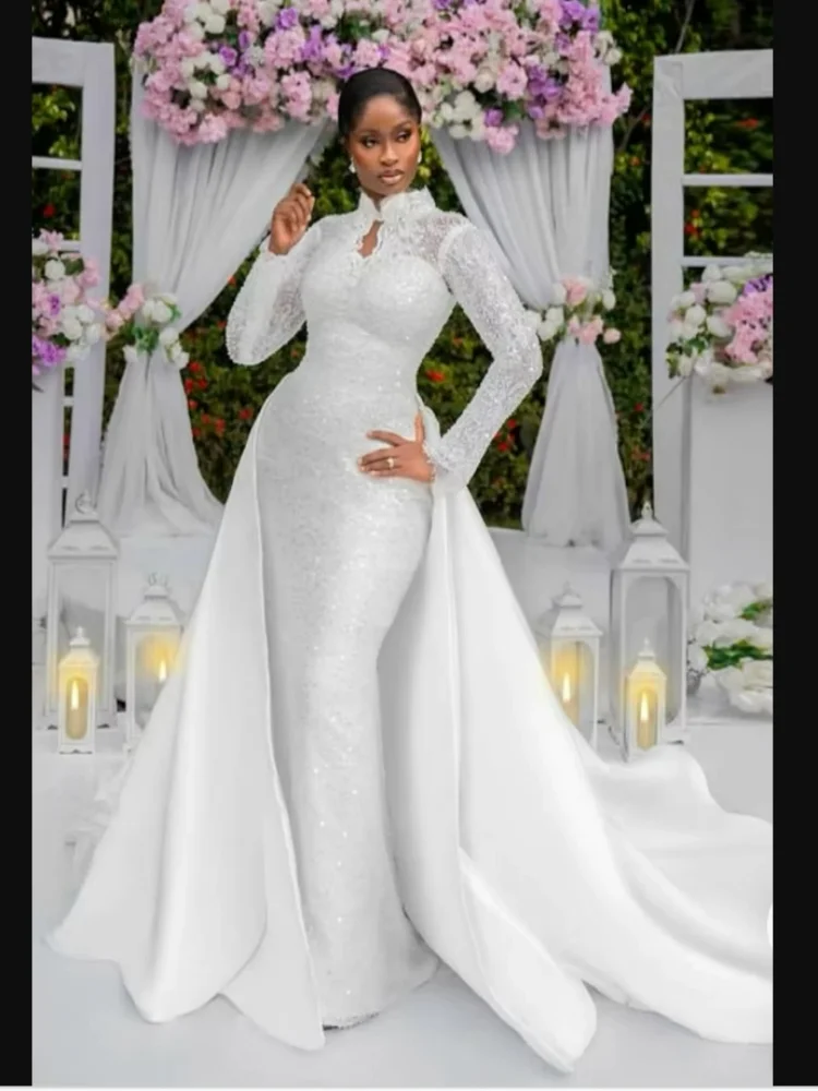 Customized High Collar Shinny Appliques Beads  Wedding Dress with Removable Skirt  Robe De Mariée Full Sleeves Bridal Gown