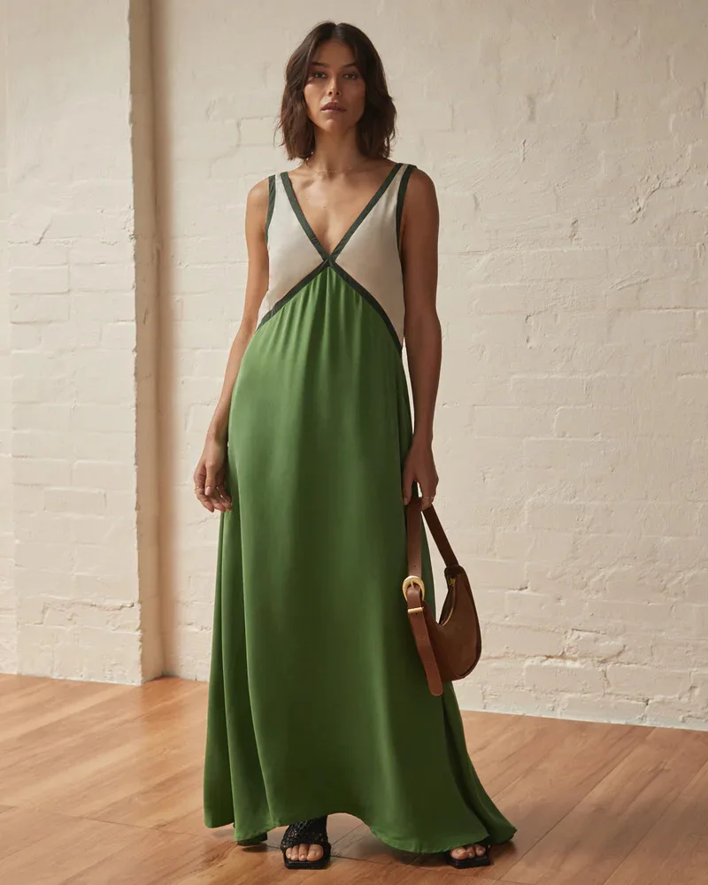 

Summer Dresses 2025 Fashion V Sleeveless Color-blocked Dress Long One-piece Dress Gown Spring/summer New Arrival