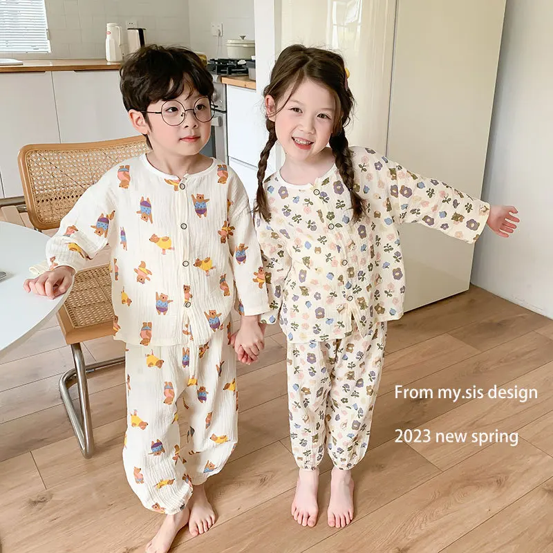 Spring Summer children\'s Long-sleeved Home Clothes Korean Double Layered Gauze Air-conditioned Pajama Sets Kids Cotton Clothing