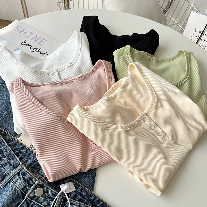 Slim Fit Short Sleeve T-Shirt Women's Elastic Design Button Detail Korean Style Commute Fashion Summer Top Slimming Base Shirt