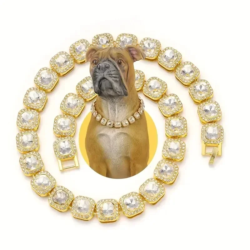 Luxury Diamond Dog Necklace Dog Collar Bling Jewelry Metal Cuban Gold Chain Fo  Cats Dogs