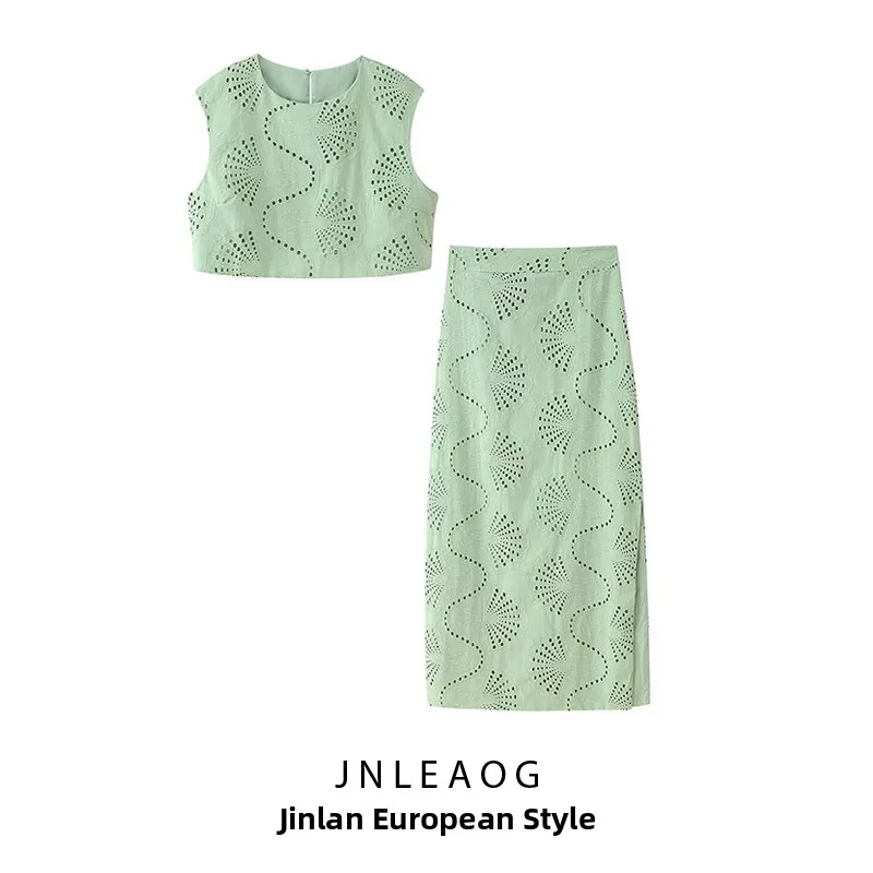 

JNLEAOG Spring New Women's Faion Design Embroidered Vest Split Skirt Set High Waist A-Line Midi Skirt Casual Polyester Fiber