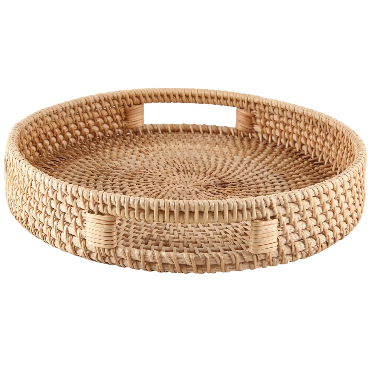 صينية تقديم الروطان المستديرة A39M صواني عثمانية منسوجة مزخرفة مع مقابض لطاولة القهوة الطبيعية (صغيرة)