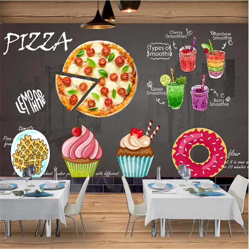 Custom Doughnuts Fast Food Restaurant Industrial Decor Wooden Wall Background Mural Wallpaper 3D Pizza Snack Bar Wall Paper 3D