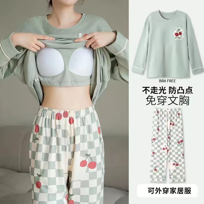 Women's Spring Fall Anti Bulge Point Pajamas Two-piece Set Long Sleeve Pullover Tops + Pants Sweet Sleepwear Home Suit Sets 4XL