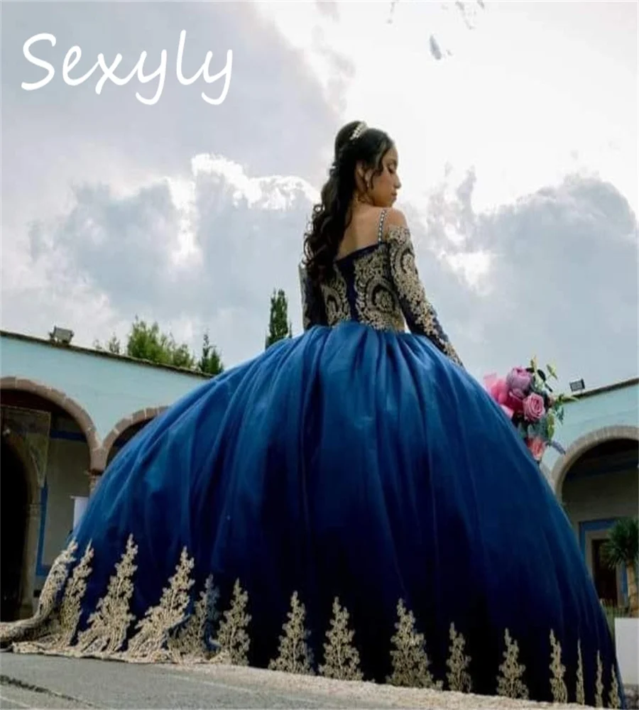 Abiti da principessa Quinceanera blu Navy con applicazioni dorate corsetto a maniche lunghe Vestidos De Xv asenos Ball Gown sedici compleanni