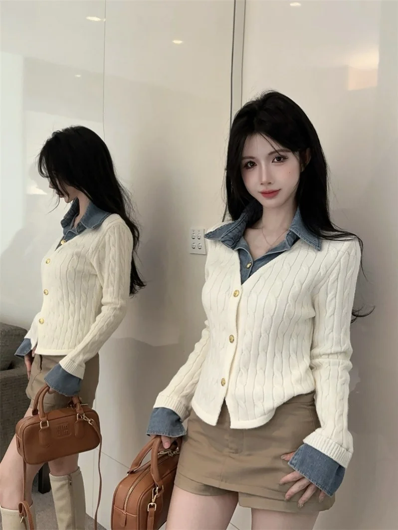 Pull en tricot à effet deux pièces unique en denim Ne Splice, design féminin, coupe slim, haut long, style coréen, vêtement quotidien