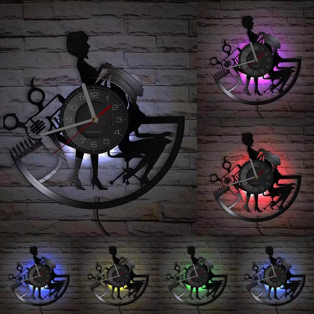 Hair Salon Vinyl Record Wall Clock Scissors Comb Design Vintage Hanging Clock For Barbershop Decor