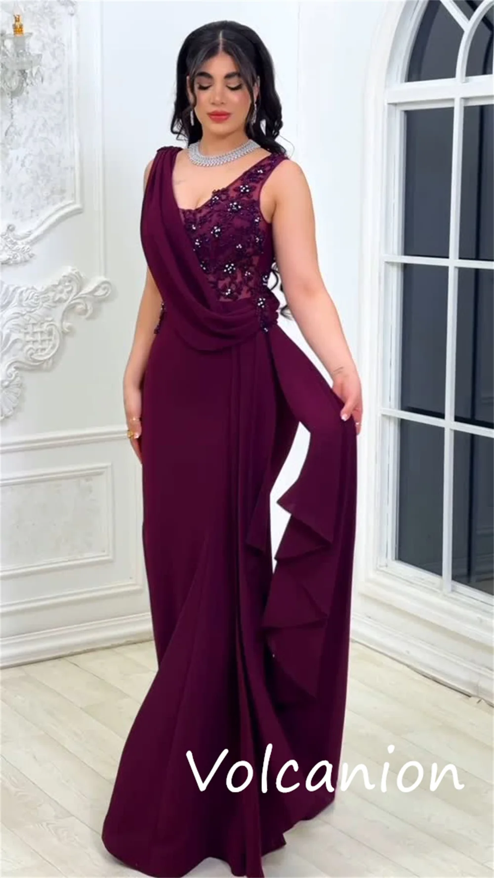 Customized Fashion Intricate Jersey Sequined Pleat Trumpet V-neck Long Dresses Bespoke Occasion High Quality