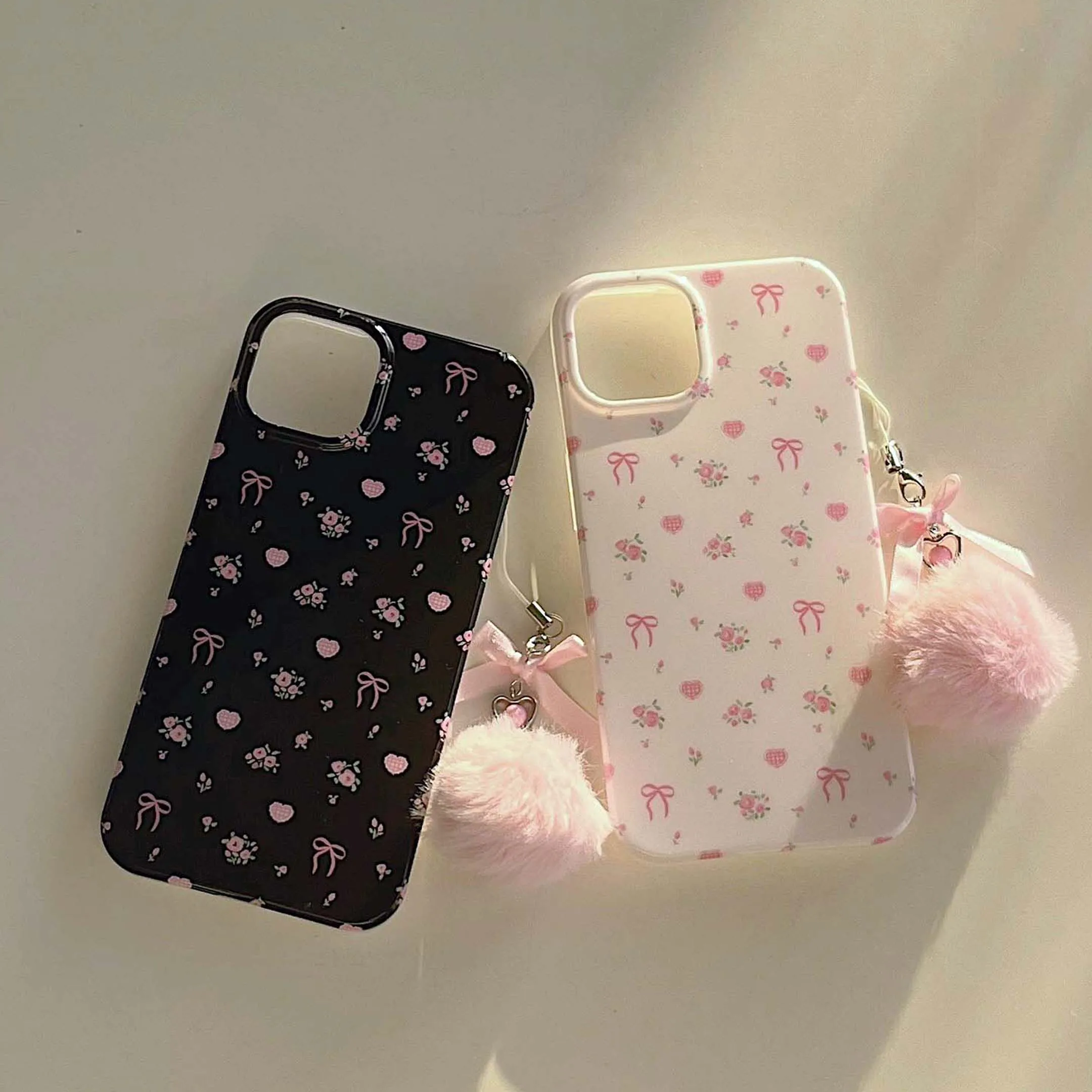 

Ins Cute pink flower plush bow shockproof phone case for iphone 14 pro max 11 12 13 15 promax cartoon back cover