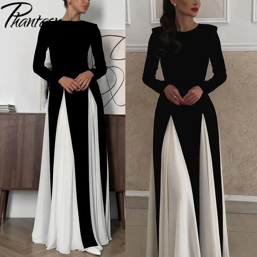 Phantasy Women Dress Long Sleevd Wedding Gown Party Banquet Dress Fashion Black White Stitching Robe Autumn Winter Female Dress