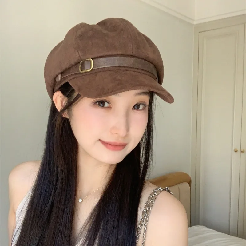 Suede Octagonal Newsboy Cap Vintage Solid Color Baker Boy Hat Soft Beret Peaked Cap Casual Hat for Autumn Winter Daily Outfit