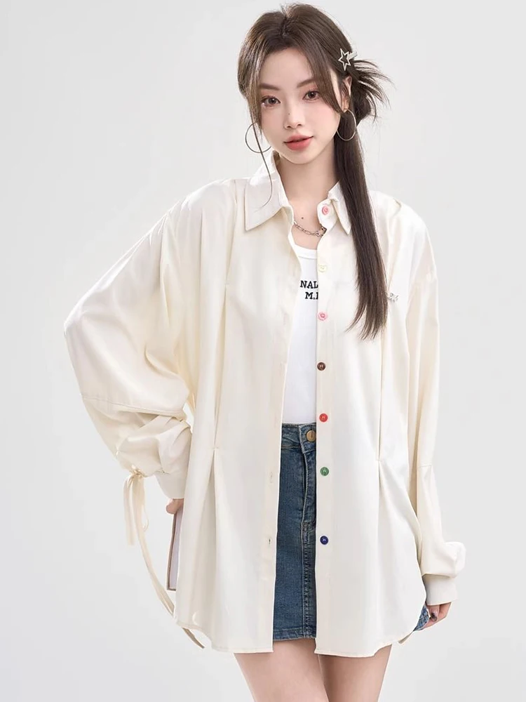 Jmprs Sweet Japan Loose Shirts Women Long Sleeve Elegant Colored Buttons Blouse Spring New Oversize Lace Up Female Design Tops