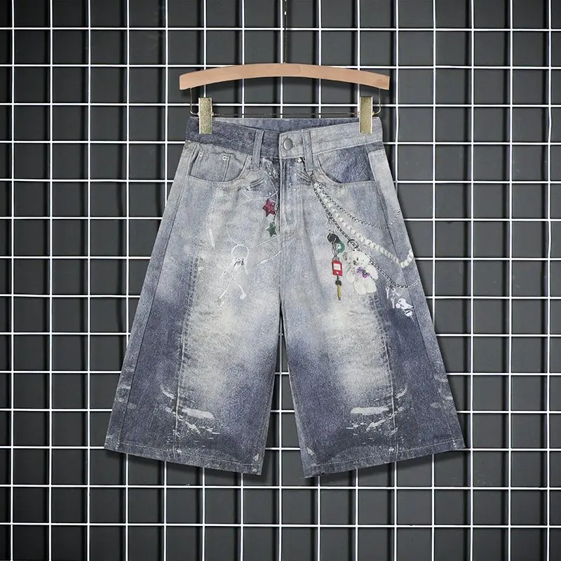 

American Trendy Keychain Printed Denim Wide Leg ort Pants Women Waed Casual Loose Slimming Seven-Foot Jeans Cotton Polyester