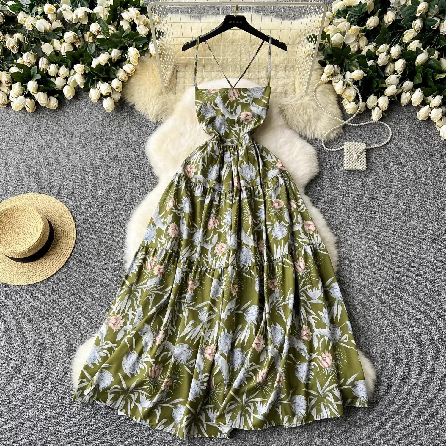 

Fashion Vintage Elegant Dress Ladies Sleeveless Backless Floral Drawstring Beach Dress Summer French Spaghetti Strap Long Dress