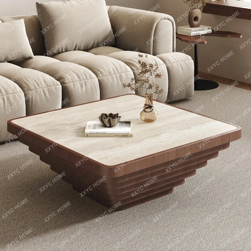 

minimalist travertine rock slab living room household small apartment high-end square coffee table FT