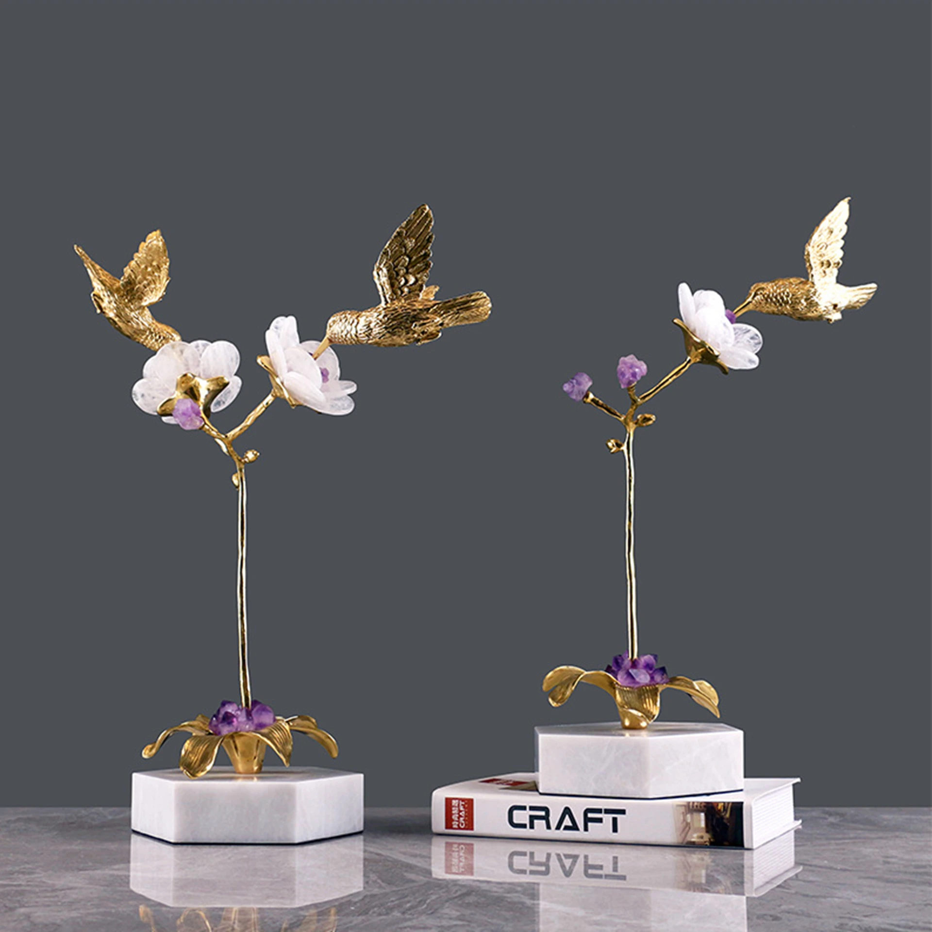 Natural Crystal Stone Flower Tree Brass Bird Ornament Shop Decoration Home Soft Decoration Accessories Beautiful Gift