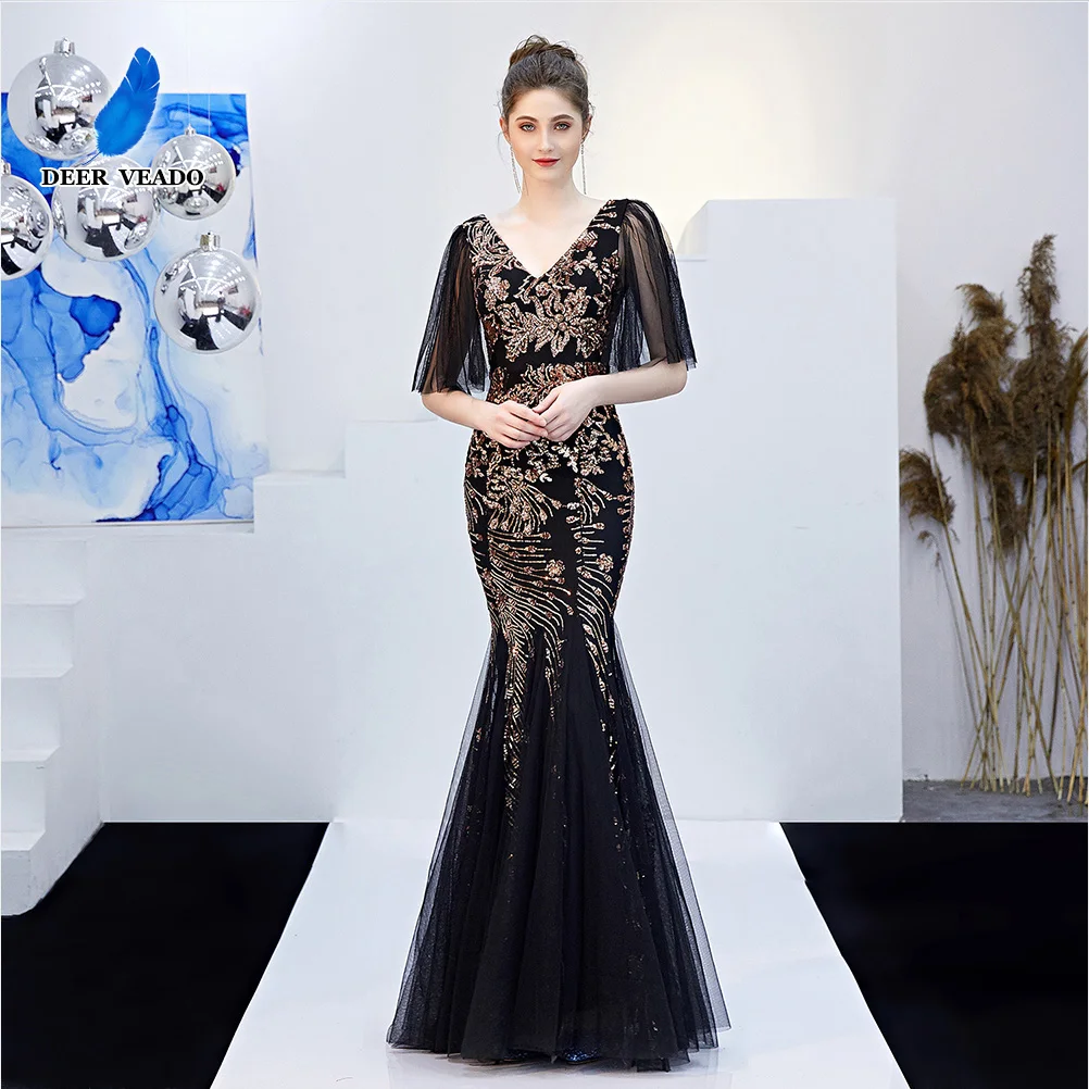 

DEERVEADO Elegant Mermaid V Neck Evening Dress for Woman Half Sleeves Formal Dress Evening Party Dresses