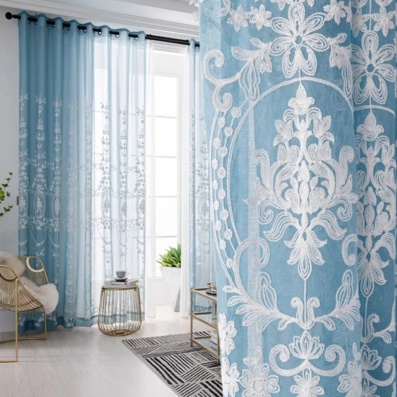 Blauer Spiegelvorhang mit Spitze, französischer Vintage-Stil, lichtblockierend, wärmeisolierend, geräuschreduzierend, geeignet für Wohnzimmer B