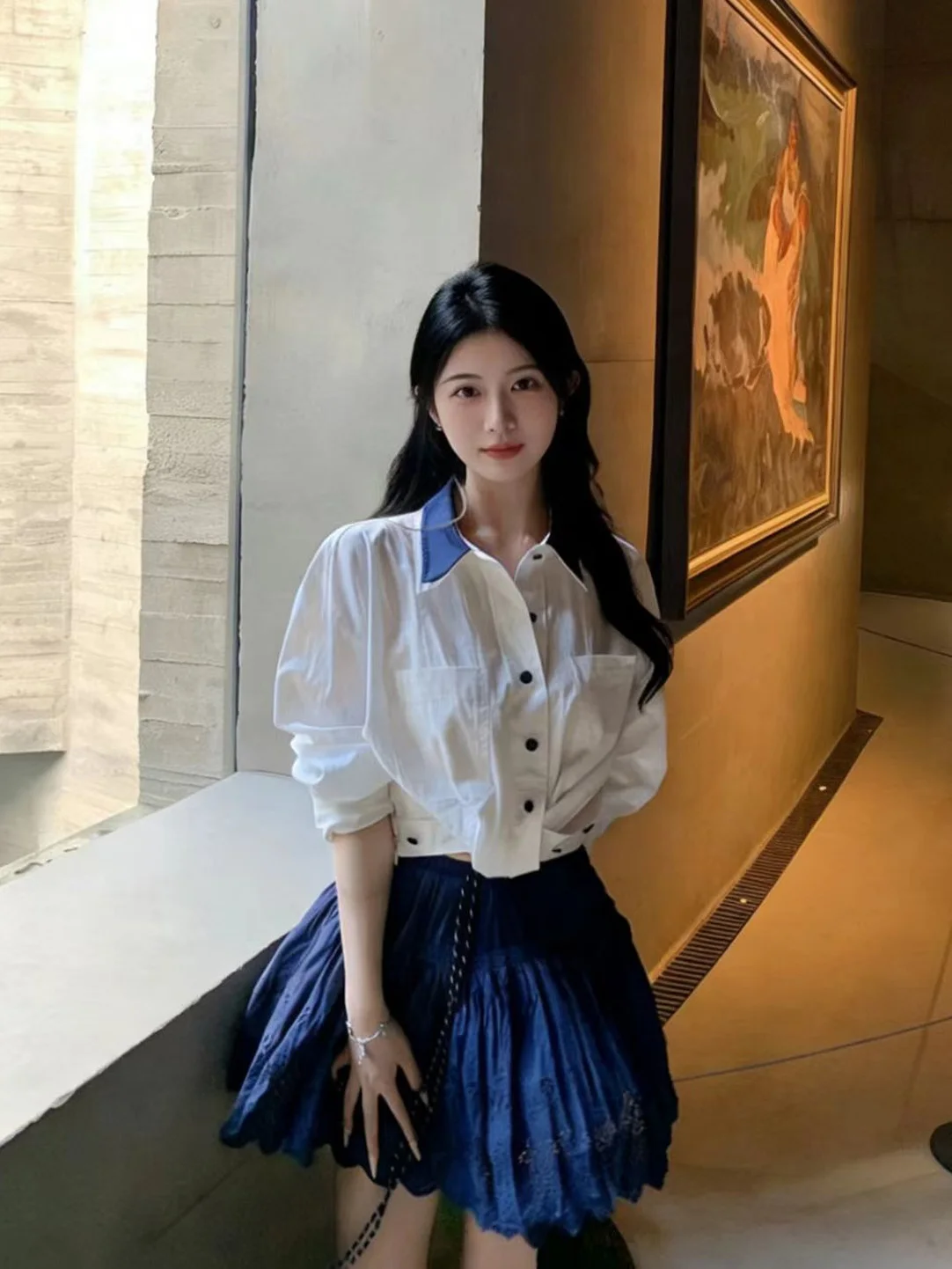

Elegant Slim Long Sleeve Shirt Women's Fashion Set with A-Line Skirt High Waist Spring Commute Style Pure Color Trendy