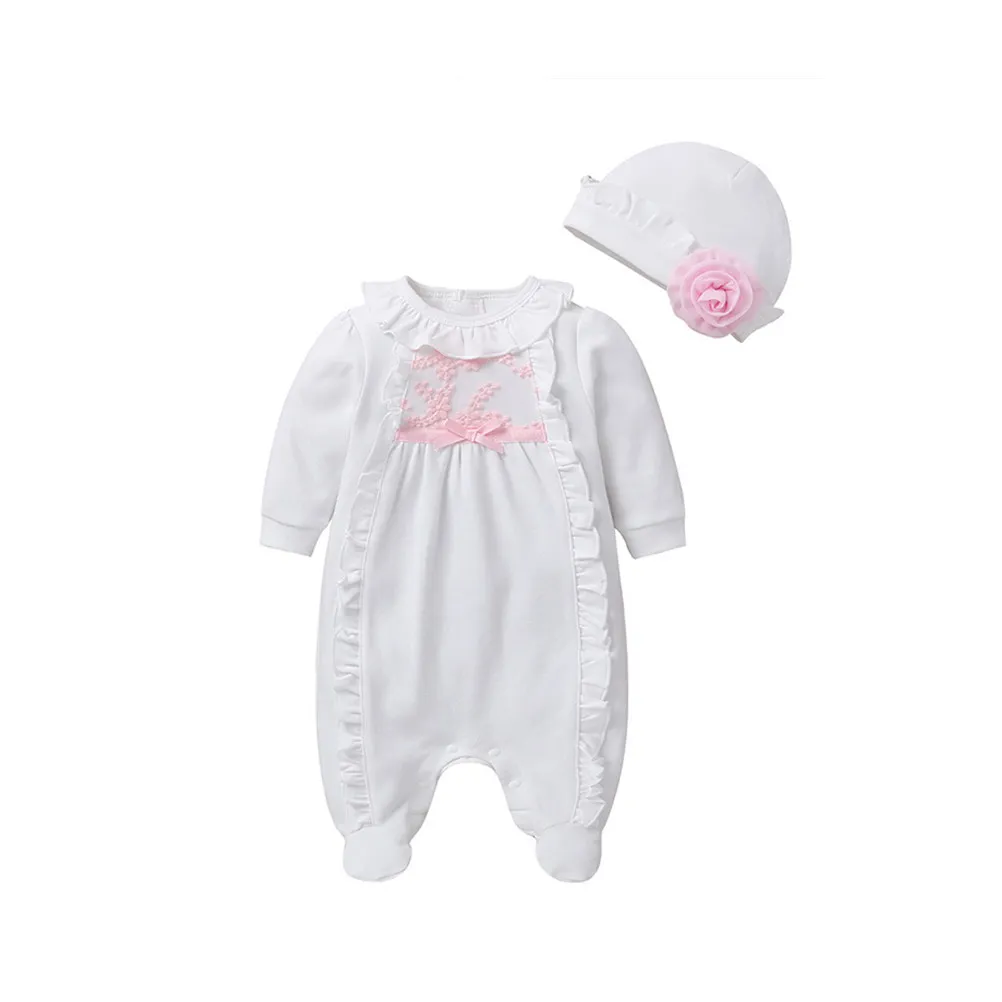 Long Sleeve Baby Jumpsuit with Hat Adorable Cotton Outfit for Newborn Infant Photography Party Beach Home Wear 59Cm White