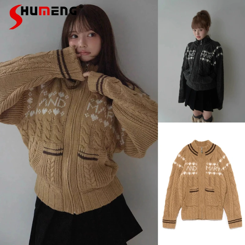 Jaket Sweater Rajut Motif Hati dan Huruf, Tekstur Baru Musim Dingin, Retro, Resleting, Cardigan Rajut Lengan Panjang, Longgar, Kasual