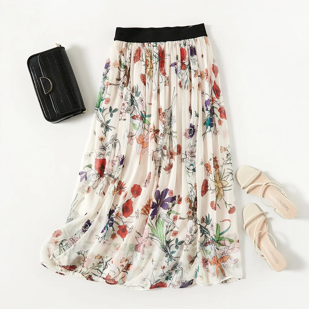 Birdsky, 1PC Women summer A skirt big sweep skirts double layers 100% real mulberry silk geogette, S-1056