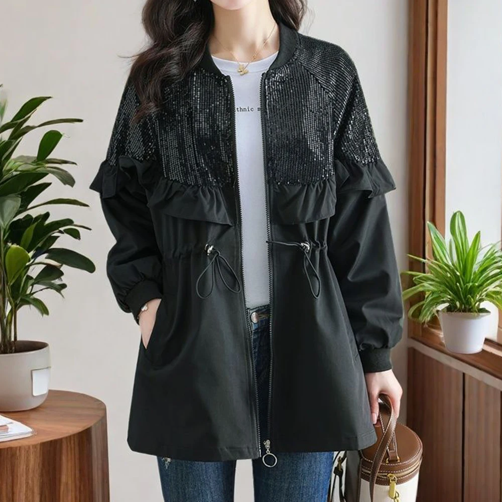

Medium and long black trench coat design sense niche women's spring and autumn style small French high-end coat versatile