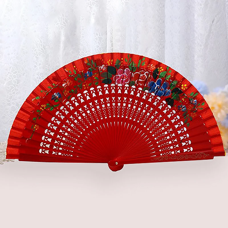 Chinese Style Double-Sided Folding Fan Hollow Double-sided Craft Gift Dancing Printing Wood Spanish Hand Fan Party Supplies