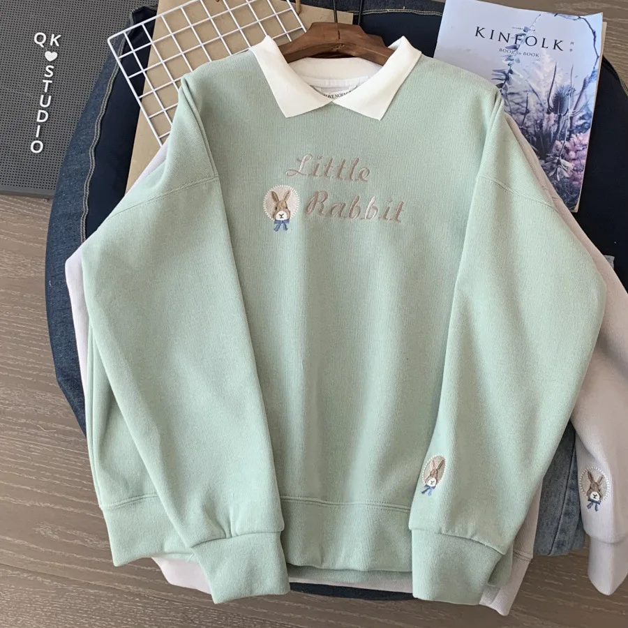 Korean Embroidery Loose Sweatshirts for Women Spring Autumn Trendy Turn-Down Collar Student Pullovers 2023 New Casual Tops