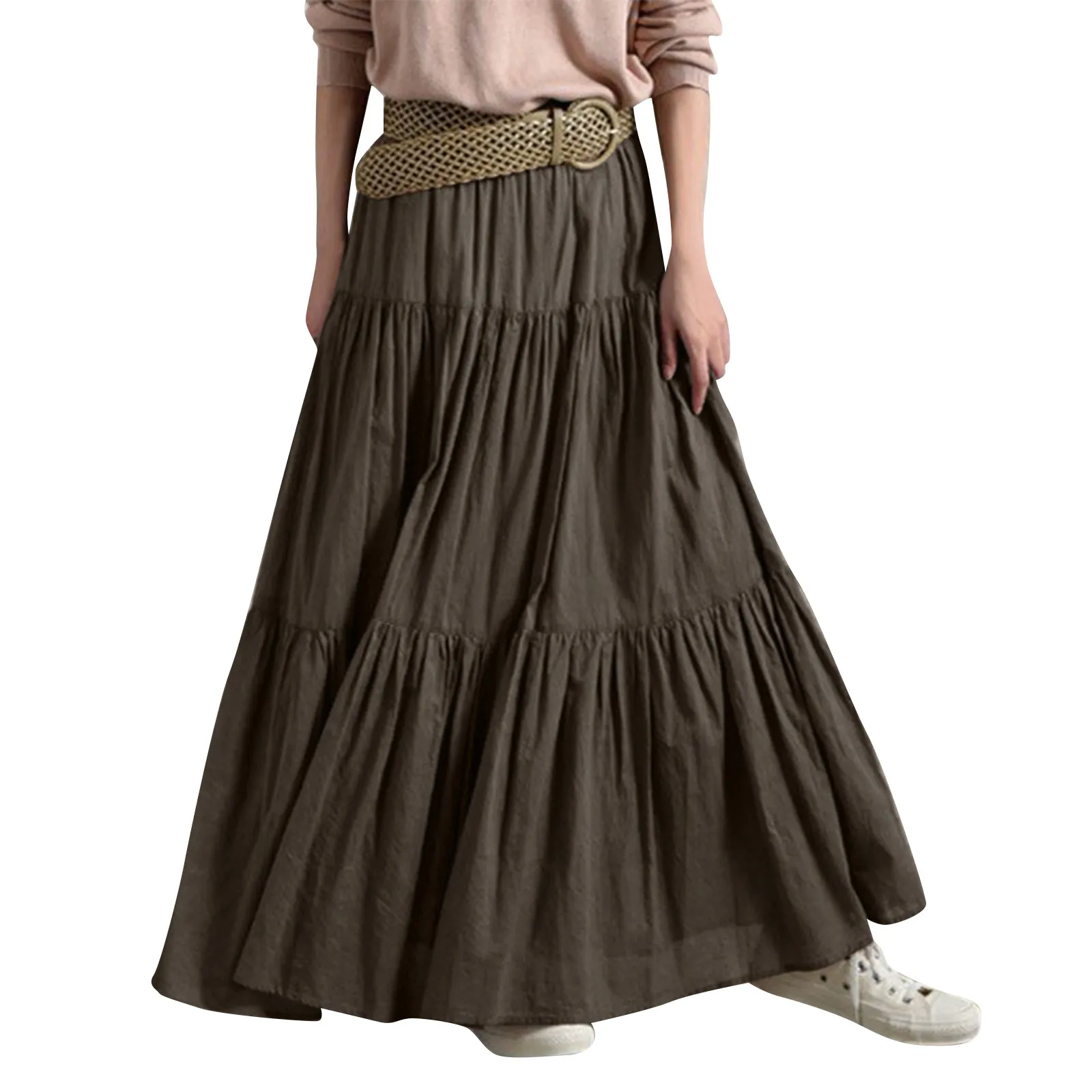 

Women'S Ruffled Pleated Skirt Spring Autumn Casual Long Skirt Plain Color Trend Classic Retro Style Flowy A-Line Skirts