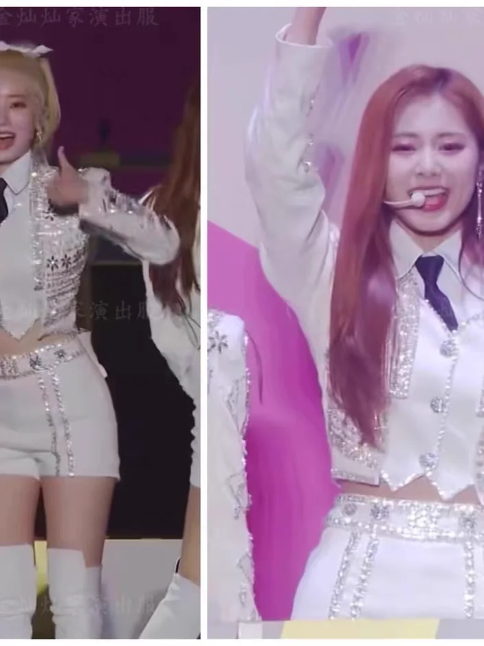 Luxury Sparkling Diamond White Split Set For Girl Group Singing and Dancing Concert Performance Outfit Holiday Party Theme Show