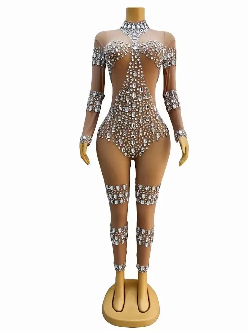 

Silver Big Rhinestones Transparent Sexy Jumpsuit Dance Performance Leggings Bodysuit Evening Birthday Celebrate Costume dunpai