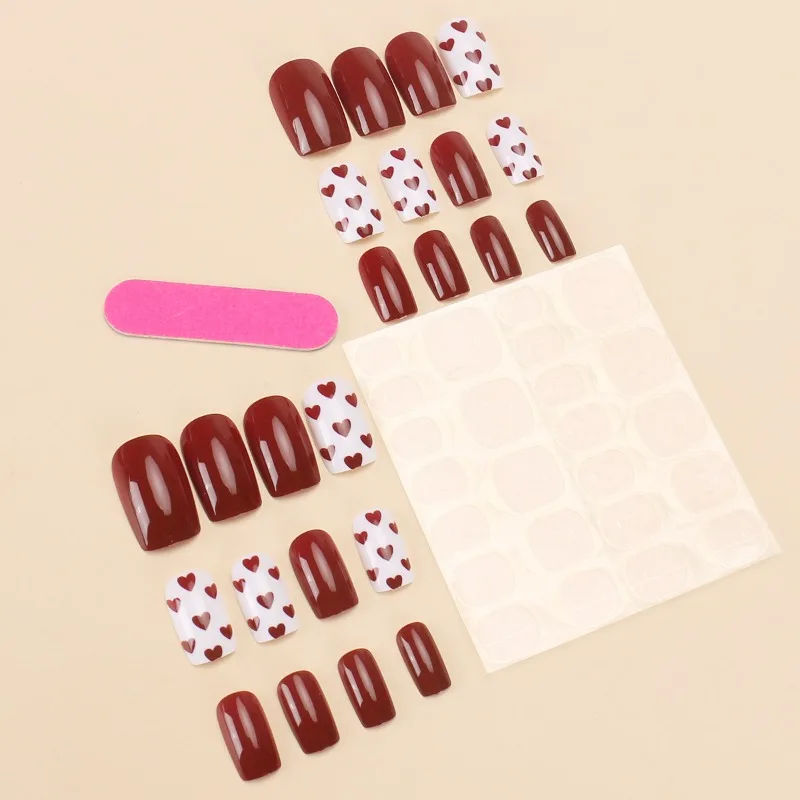 24 Pcs Love Red White Glued Nails Press Ons Medium Self-adhesive False Nails with Glue Acrylic Square Adhesive Pastel Nails 2025