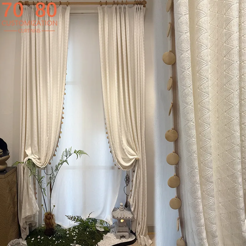 New Off White Diamond Pattern Chenille Curtains for Shading Living Room Bedroom French Window Balcony Customized Products
