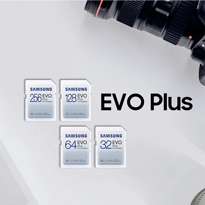 SAMSUNG-tarjeta SD EVO Plus de tamaño completo, 32GB, 64GB, 128GB, 256GB, velocidades de transferencia de hasta 130 MB/s para cámaras DSLR y sin