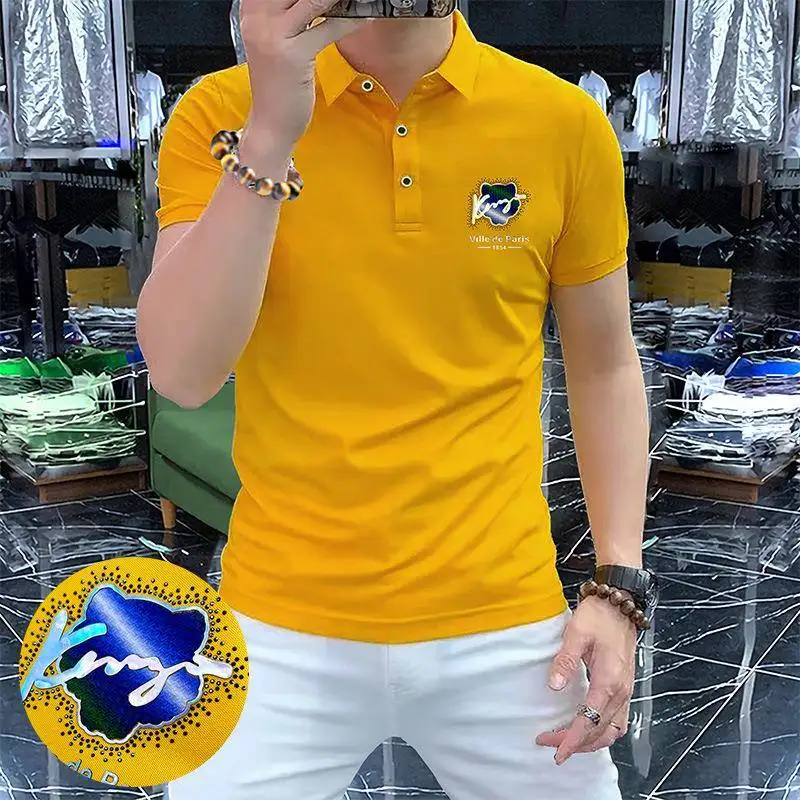 

Summer 2025 Men's Shirt Personality Logo Breathable Short Sleeve High End Rhinestone Turn-down Collar Business Fashion