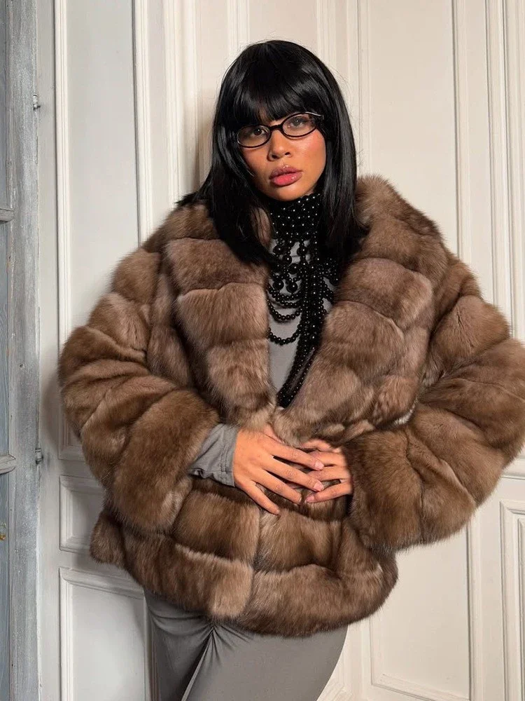 Women Imitation Fox Fur Fake Leather Jacket Large Lapel V-neck Long Sleeves Midi Jackets 2026 Fall Winter Street New Daily Coat